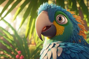 Bright cartoon illustration of a beautiful parrot close-up on a jungle background with sun glare with copyspace.. photo