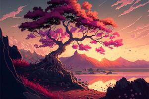 brillante ilustración en mano dibujado estilo sakura en contra el fondo de montañas de el cielo y atardecer.ai generado. foto