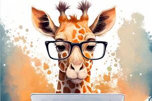 Funny pensive giraffe in glasses working on a laptop drawing in a watercolor style with paint splatter on the background and copyspace. Concept for a novice pc user. . photo