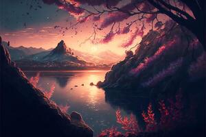 Bright illustration in hand-drawn style sakura on the background of mountains, lake and sunset.. photo