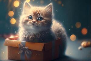 A cute kitten with sparkling eyes sits in a box from a New Year's gift against the background of light effects. . photo