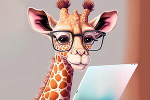 Funny pensive giraffe in glasses working on a tablet drawing in a watercolor style with copyspace.Doomscrolling concept.. photo