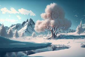 Beautiful winter mountain landscape. A large tree in the snow and hoarfrost against the backdrop of a lake and mountains. . photo