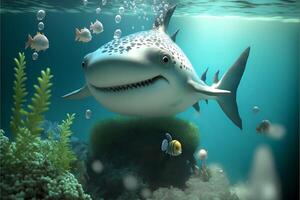 grande gracioso tiburón en el antecedentes de azul Oceano aire burbujas y corales.bajo el agua mundo dibujos animados ilustración.ai generado. foto