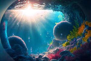 Underwater landscape with diverse vegetation, algae, corals, air bubbles with a bright glare from the sun.Colorful seascape with sun rays Generated by ai. photo