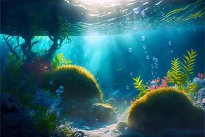 Bright illustration of underwater flora with sunbeams and air bubbles.Underwater ocean landscape with light glare.. photo