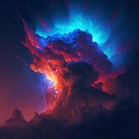 Abstract bright illustration of red-blue clouds or smoke.Bright background puffs of colored smoke and sparks.. photo