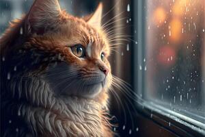 Ginger realistic sad cat looks out the window with falling snow. . photo