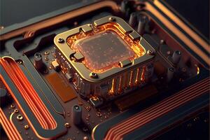 Circuit board and cpu close up with orange glow. Quantum computer concept. . photo