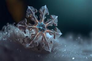 A large icy snowflake on a winter background with a meta for text. New Year's wallpaper blank for a postcard. . photo