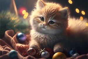 A charming kitten lies on the background of New Year's toys on a blurred background.New Year's bright card with a fluffy kitten.. photo