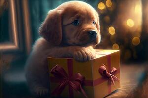 Cute ginger puppy sitting next to a gift with a red bow. New Year card with space for text. . photo