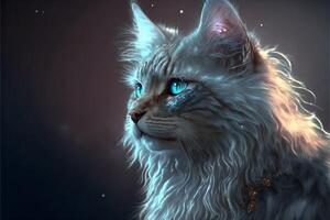 Beautiful realistic cat with fluffy fur and blue eyes on a dark background with sparkles.. photo