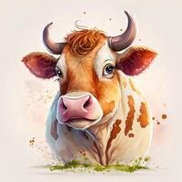 A cute cow with a pink nose on a white background. Dairy product ad template in a watercolor style. Generated by ai. photo