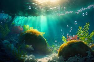 Bright illustration underwater flora with sunbeams and air bubbles.Underwater ocean landscape with emerald water and light glare.. photo