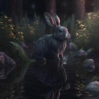 The black water rabbit is the symbol of 2023.A cute black rabbit in the forest standing in the water.. photo