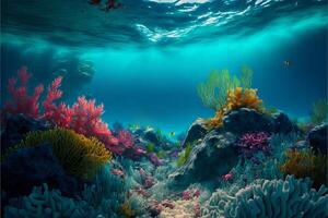 vistoso multicolor submarino paisaje con corales, rocas y hermosa azul agua. oceánico antecedentes con tropical flora.ai generado. foto