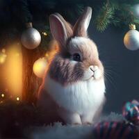 A beautiful cute rabbit sitting in the snow under a Christmas tree with New Year's toys.New Year's illustration of a rabbit under a tree nearby with Christmas tree branches and snow.. photo