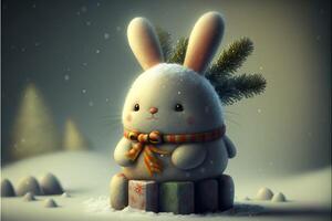 A cute white toy bunny sits on gifts on a snowy background.Christmas children's illustration.. photo