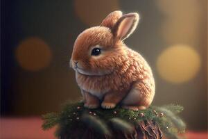 A red-haired little rabbit sits on a stump with Christmas tree branches.New Year's card with copyspace.. photo