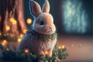 A cute plush rabbit toy sits under a tree surrounded by Christmas tree branches with copyspace.A funny rabbit toy sits on a background of succulent branches.. photo