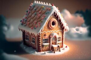 New Year's house made of gingerbread decorated with white confectionery mastic in the form of snow. . photo