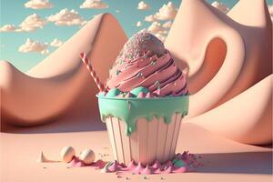 Pink ice cream in a cup with a caramel stick on a background of mountains of cream.Sweet land 3d cartoon background.. photo