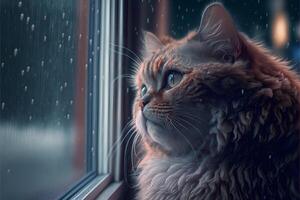 Ginger realistic sad cat looks out the window with falling snow. . photo