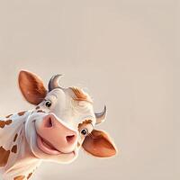 An adorable cow with a pink nose peeks out from the corner in 3d style on a beige background with copyspace. . photo