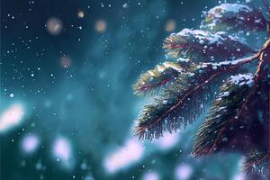 Christmas tree branches close-up in a watercolor style with a place for text.Christmas background.. photo