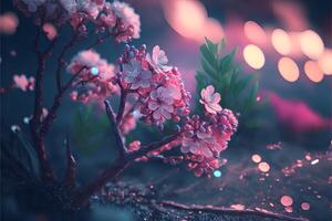 Bright background of pink sakura flowers with bokeh effects and copyspace.Beautiful flowers on a branch bright background. . photo