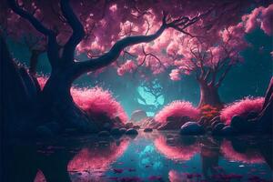 Sakura trees and a lake on a blue dark background.Beautiful flowering trees, colorful Japanese landscape. . photo