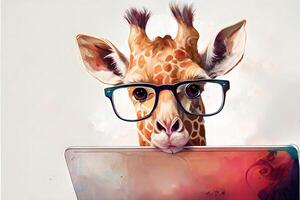 Funny cute giraffe with glasses peeking out from behind a laptop drawing in a watercolor style with copyspace.Concept by an inexperienced pc user.. photo