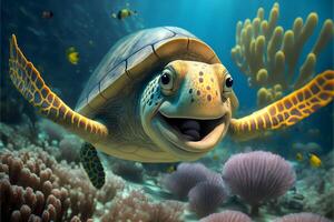 Smiling funny yellow sea turtle swims in the underwater background.Cute cheerful turtle in the background of the ocean landscape.. photo