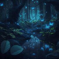 Dark fantasy forest with glowing blue butterflies.Dark fantasy landscape with butterflies reflected in a stream.. photo