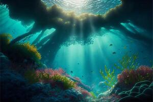 Oceano lo más hondo vistoso ilustración de submarino vida.mar laguna con plantas y rayos de sol rotura a través.ai generado. foto
