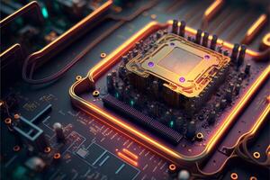 Circuit board and cpu close up with orange glow. Quantum computer concept. . photo