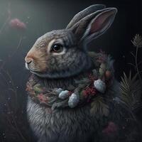 A gray rabbit with fluffy fur and a wreath around its neck and plants around it. Generated by ai. photo