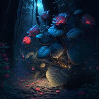 Dark illustration of a night forest path strewn with rose petals. Roses on the background of a forest path with sparkles. . photo