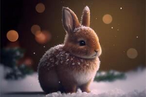 Cute ginger bunny in the snow on Christmas background with falling snow and bokeh effect. Postcard or Christmas background. . photo