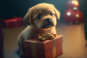 A cute red puppy sitting next to a gift in a red wrapper with a golden bow. New Year's card with a place for text. . photo