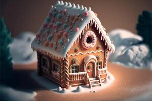 Navidad pan de jengibre casa decorado con blanco confitería masilla en el formar de nieve. ai generado. foto