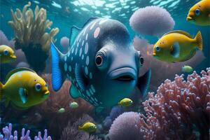 gracioso vistoso pescado en submarino fondo.oceano paisaje brillante dibujos animados ilustración de flora y fauna.ai generado. foto