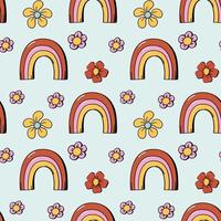 Flowers and Rainbow seamless pattern or background in 70s hippie retro style. Cute hand drawn floral summer print design. Vector illustration.
