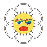 Hippie groovy chamomile smiley character good vibes. Retro daisy flower head mascot with rainbow glasses. Positive nostalgic vintage cartoon style plant. Trendy y2y pop culture floral design. Vector