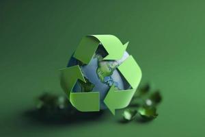 3d rendering green recycle sign with globe on background save the world and environment concept, generat ai photo