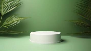 White product podium and tropical palm leaves shadow on green background, generat ai photo