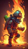 Realistic 3D cartoon illustration of a firefighter fighting a fire , photo