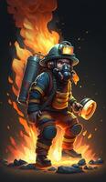 Realistic 3D cartoon illustration of a firefighter fighting a fire , photo