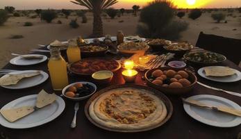 Ramadán iftar alimento, iftar comidas y reuniones, Ramadán iftar Eid. musulmán familia tiene cena a hogar. mesa con tradicional alimento. eid al-fitr celebraciones, generar ai foto